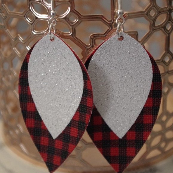 Mini Red Buffalo Plaid White/Silver Glitter Leaf Drop Earrings - Picture 2 of 3